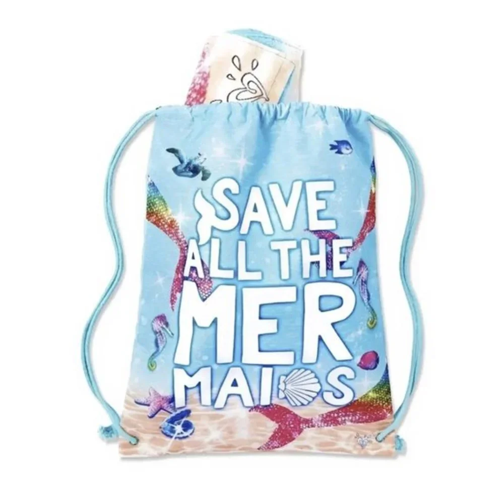 JUSTICE GIRL’S TOWEL‎ IN TOTE DRAWSTRING BAG SET “ SAVE ALL THE MERMAIDS ”